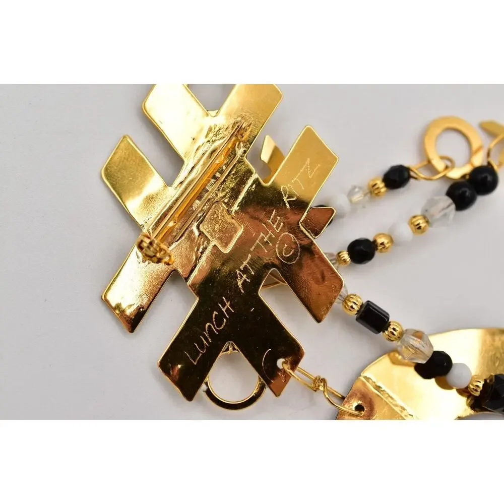 Lunch at The Ritz Vintage Tic Tac Toe Brooch XO Dangle Rare Signed 1980s BinBK